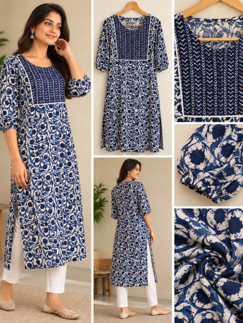 Navy Blue & White Printed Straight Kurta with Embroidered Yoke